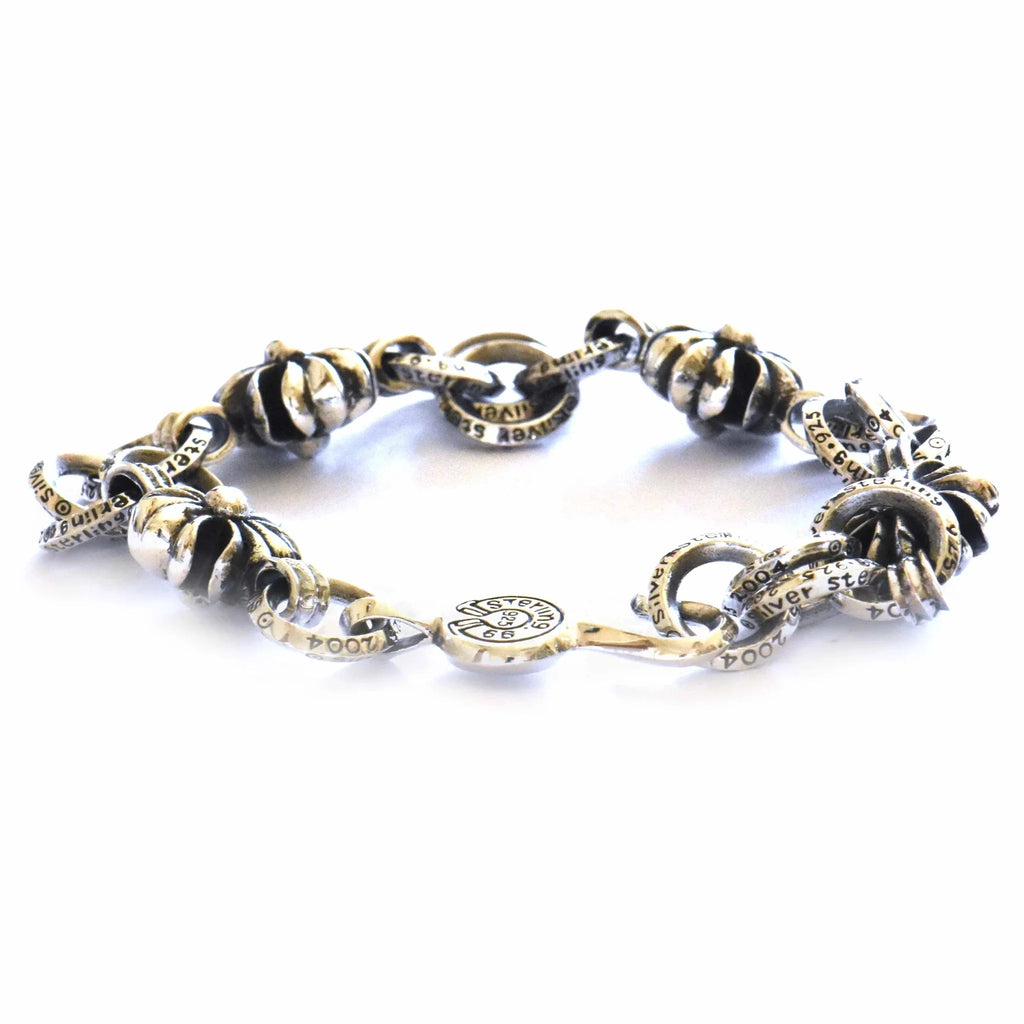 Gothic Silver-Tone Bracelet with Engraved Chain & Floral Motif Accents