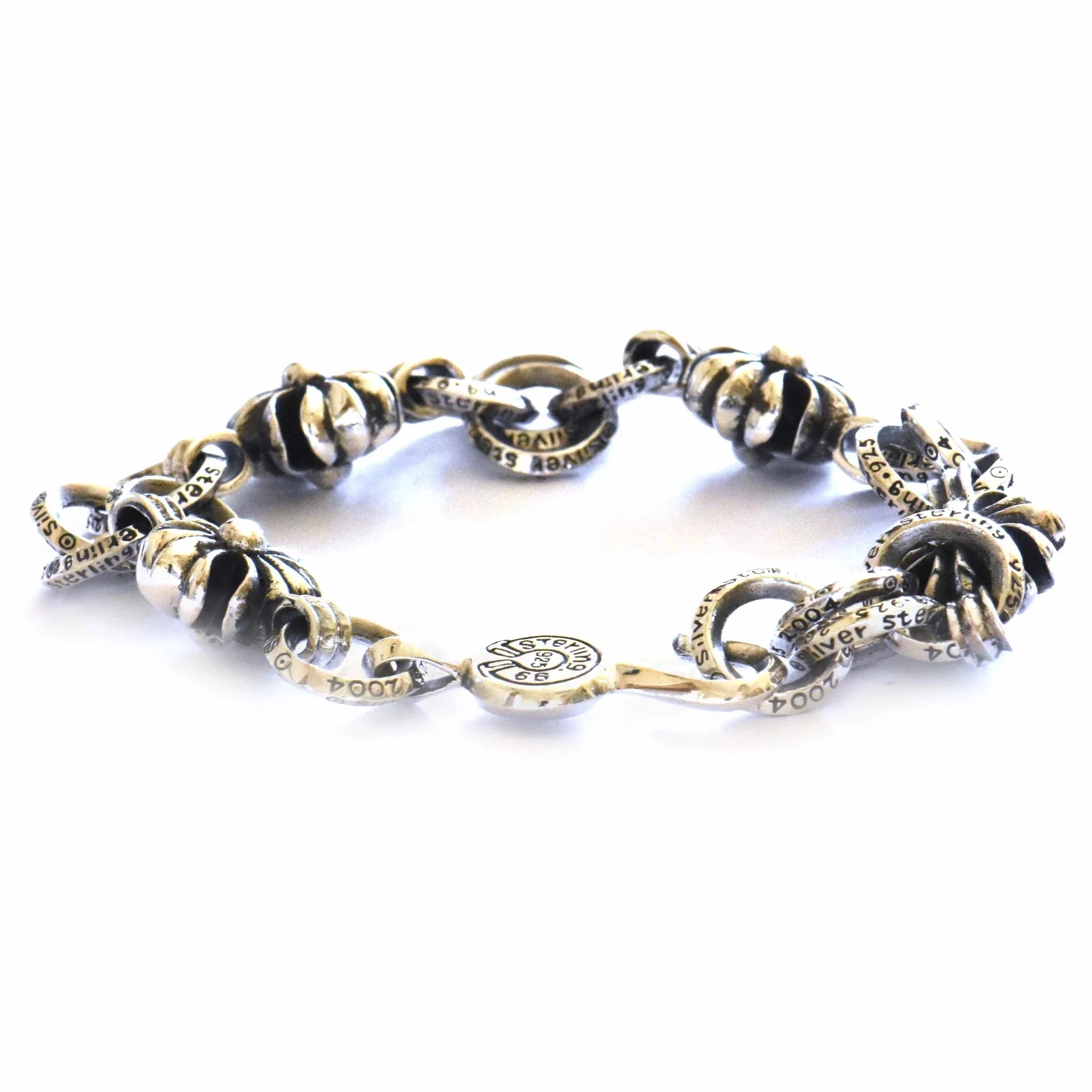 Gothic Silver-Tone Bracelet with Engraved Chain & Floral Motif Accents