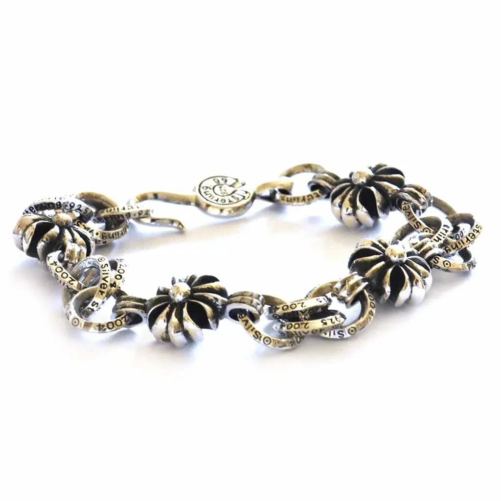 Gothic Silver-Tone Bracelet with Engraved Chain & Floral Motif Accents
